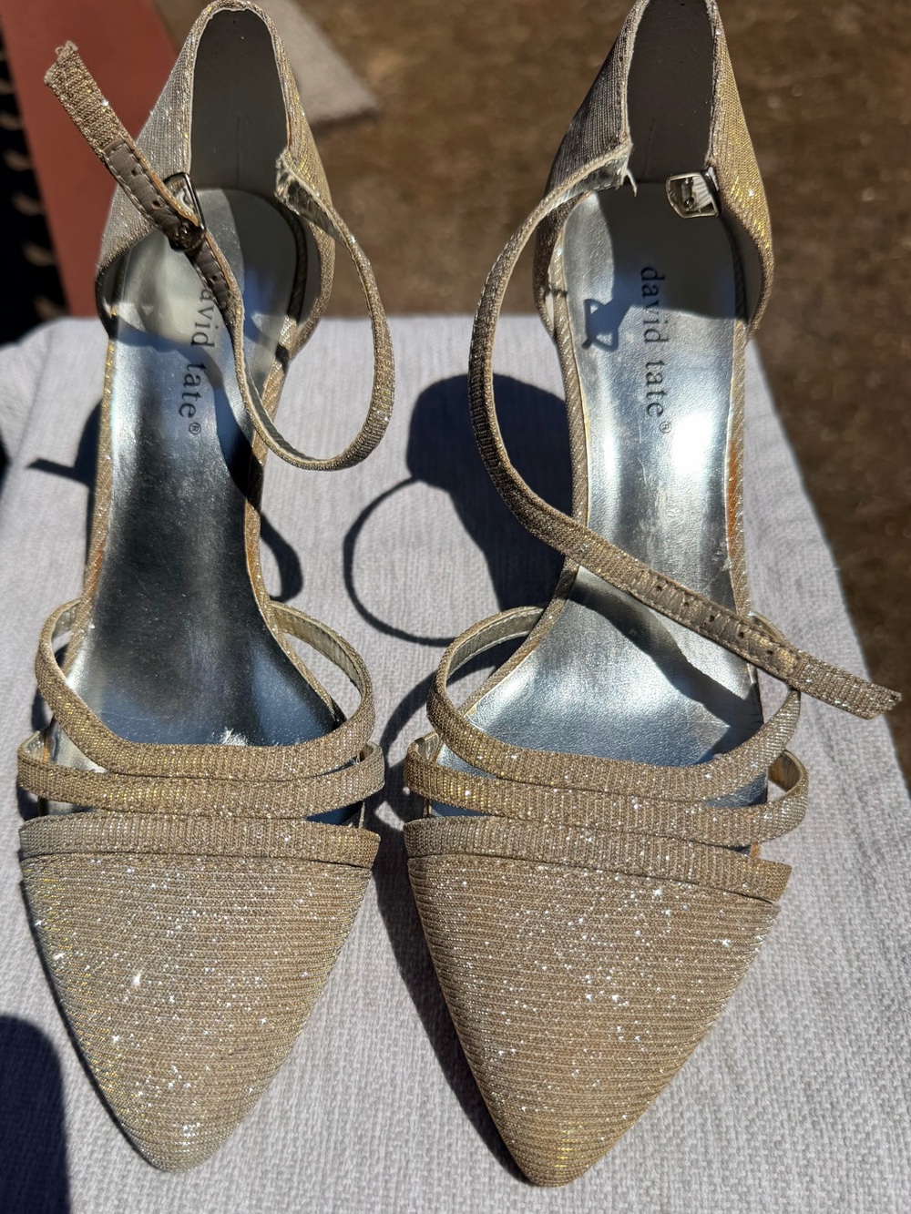 David Tate Gold Glitter Strappy Pointed-Toe Heels 8.5WW